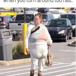 Woman looking disheveled after turning too fast in a parking lot.