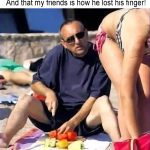 Man distracted by bikini girl while cutting fruit, risky beach prank