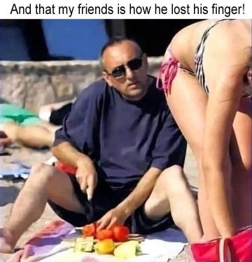 Man distracted by bikini girl while cutting fruit, risky beach prank