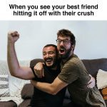 Two friends celebrating on a couch as one hits it off with their crush.
