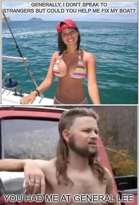 Man ready to help woman's boat because of General Lee reference.