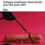 A sub sandwich humorously strapped with a belt on pink background.