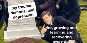 Smiling man at a grave of trauma labeled "growth and recovery."