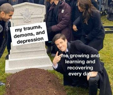 Smiling man at a grave of trauma labeled "growth and recovery."