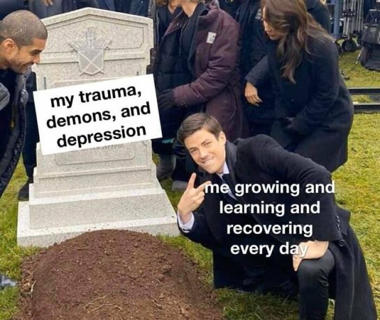 Smiling man at a grave of trauma labeled "growth and recovery."
