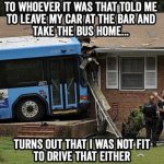 Bus crashes into house as hilarious driving fail meme.