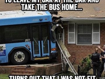 Bus crashes into house as hilarious driving fail meme.