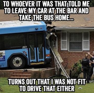 Bus crashes into house as hilarious driving fail meme.