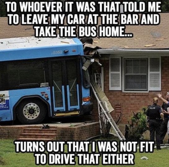 Bus crashes into house as hilarious driving fail meme.