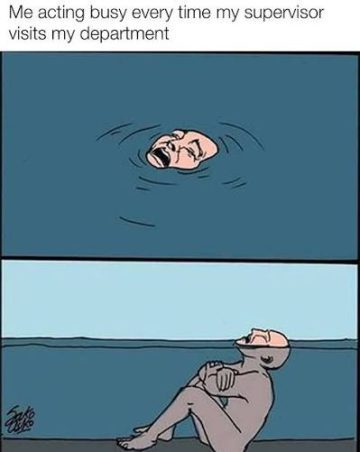 Person pretending to be busy as supervisor arrives, funny office meme