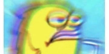 Blurry SpongeBob meme about caffeine-induced exhaustion.