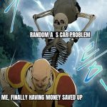 Skeleton attacking man with rock labeled "Random Car Problem."