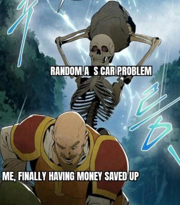Skeleton attacking man with rock labeled "Random Car Problem."