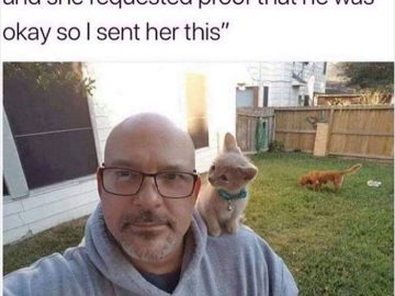 Man taking a selfie with a kitten sitting on his shoulder.