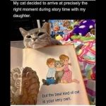 Cat perfectly aligns with a storybook illustration during storytime.