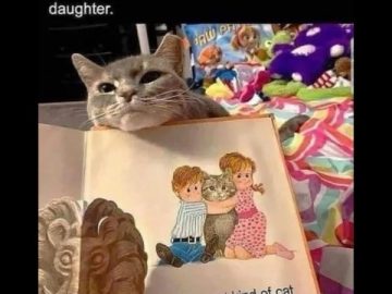 Cat perfectly aligns with a storybook illustration during storytime.