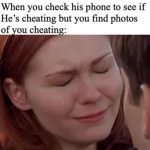 Woman crying after finding surprising photo on partner's phone.