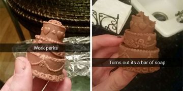 Hand holding chocolate-shaped soap mistaken for a cake.