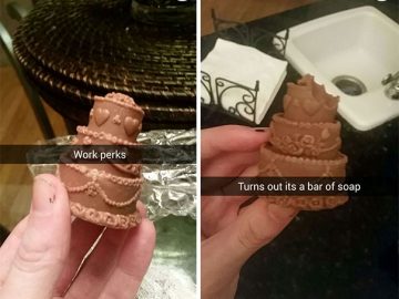 Hand holding chocolate-shaped soap mistaken for a cake.