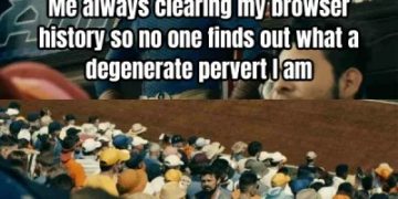 Meme of a guy sweating about clearing browser history with a crowd below.