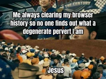 Meme of a guy sweating about clearing browser history with a crowd below.