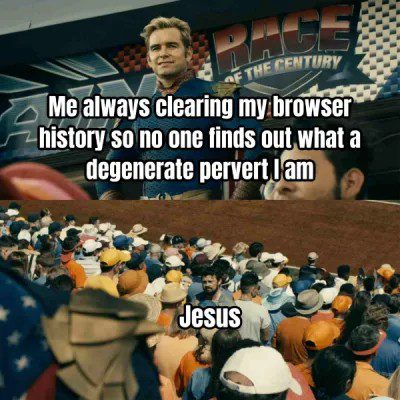 Meme of a guy sweating about clearing browser history with a crowd below.
