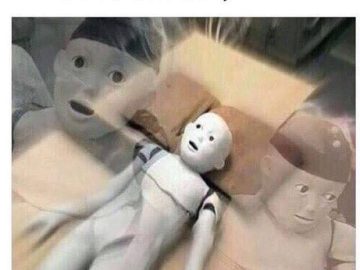 Mannequin looks shocked thinking if crabs believe fish can fly.