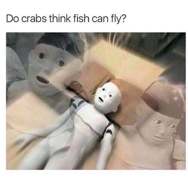 Mannequin looks shocked thinking if crabs believe fish can fly.