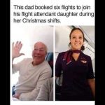 Dad smiles on plane next to flight attendant daughter during Christmas.