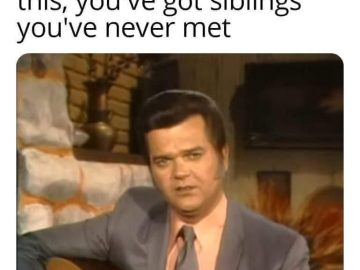 Man with vintage hairstyle and suit, caption about having unknown siblings.