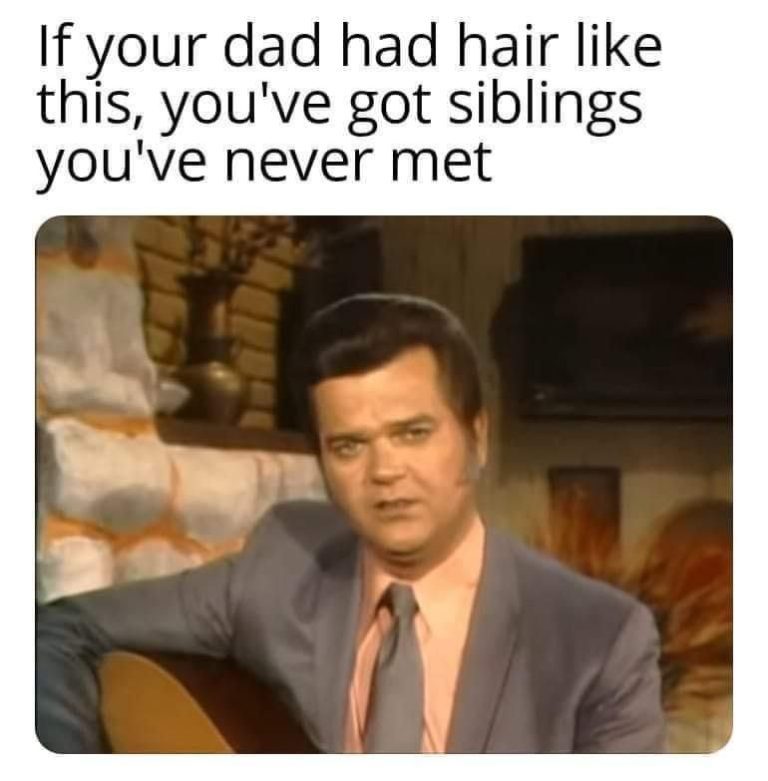 Man with vintage hairstyle and suit, caption about having unknown siblings.