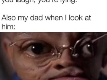 Funny dad with exaggerated eyes challenging a staring contest.