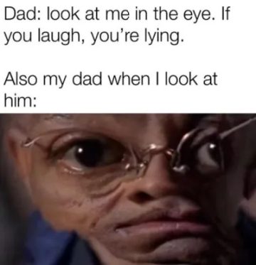 Funny dad with exaggerated eyes challenging a staring contest.