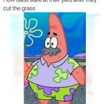 Patrick Star with a mustache staring at a yard in pride