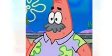 Patrick Star with a mustache staring at a yard in pride