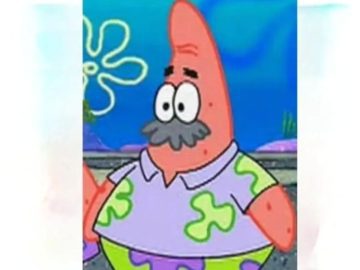 Patrick Star with a mustache staring at a yard in pride