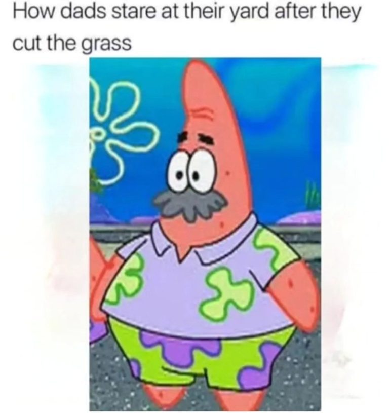 Patrick Star with a mustache staring at a yard in pride