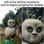 Statue of a surprised panda reacting to doctor Googling symptoms.