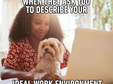 Woman working on laptop with her dog as the ideal coworker.