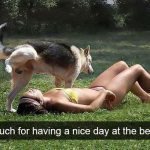 Dog hilariously interrupts woman's beach day with unexpected surprise.