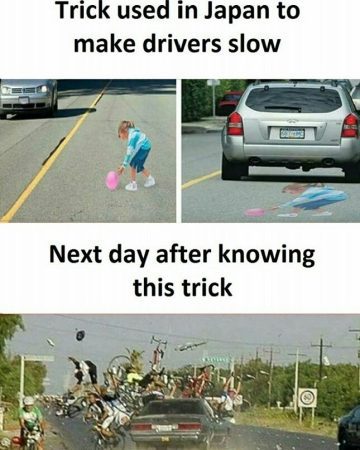 Optical illusion of a child on the road causing a traffic fail.