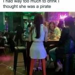 Woman mistaken for pirate on bar stool creates hilarious scene.