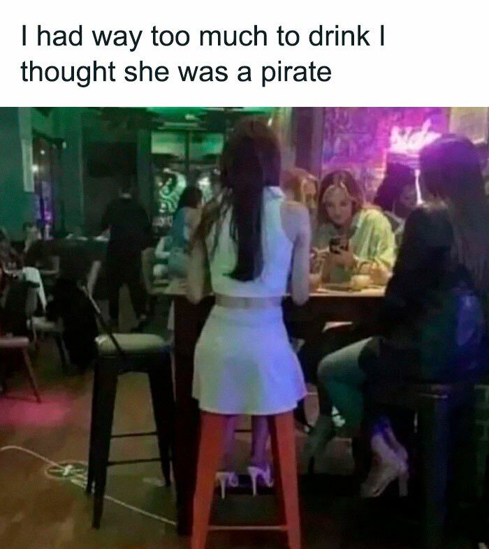 Woman mistaken for pirate on bar stool creates hilarious scene.