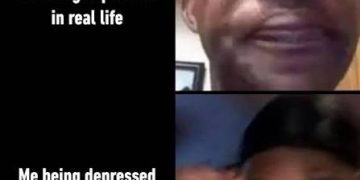 Two-panel meme contrasting real-life and online depression with humor.