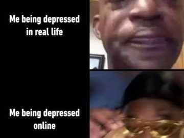 Two-panel meme contrasting real-life and online depression with humor.