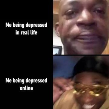 Two-panel meme contrasting real-life and online depression with humor.