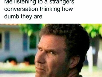 Man listening to a conversation, judging strangers' intelligence.