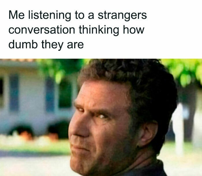 Man listening to a conversation, judging strangers' intelligence.