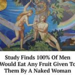 Meme of Adam and Eve with a joke about men and fruit temptation.