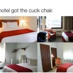 Meme showing hotel rooms with the infamous "cuck chair."